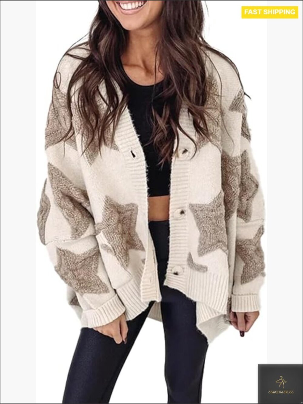 Sherpa Star Pattern Cardigan Sweater Cozy Oversized Knit with Pockets Fall